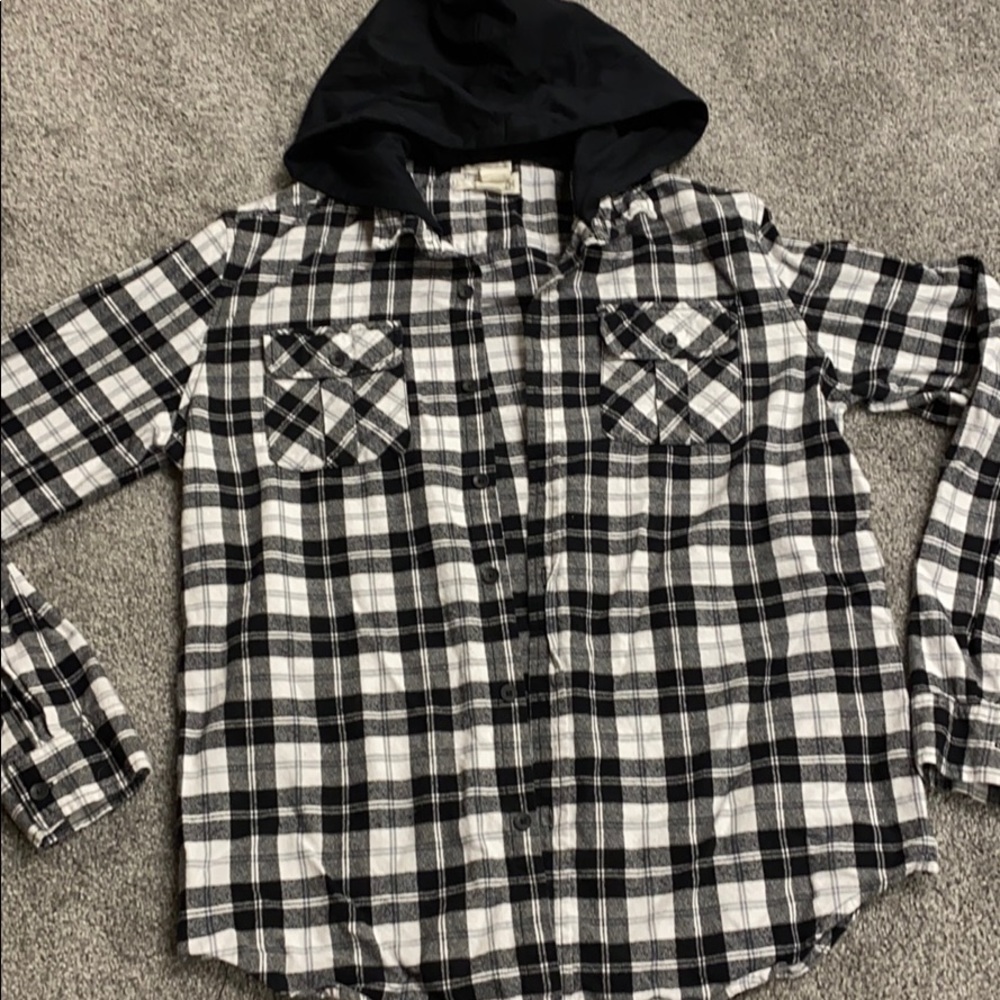 Men’s plaid button down with hood